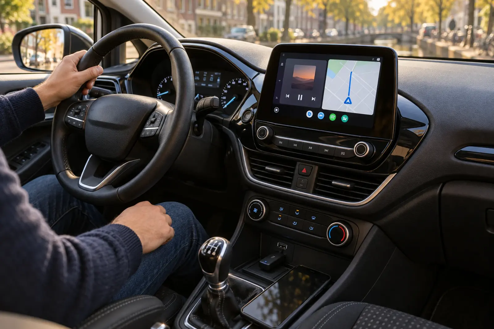 Draadloze Android Auto-adapter in de USB-poort van een auto in Zaanstad, met Google Maps en muziek op het scherm