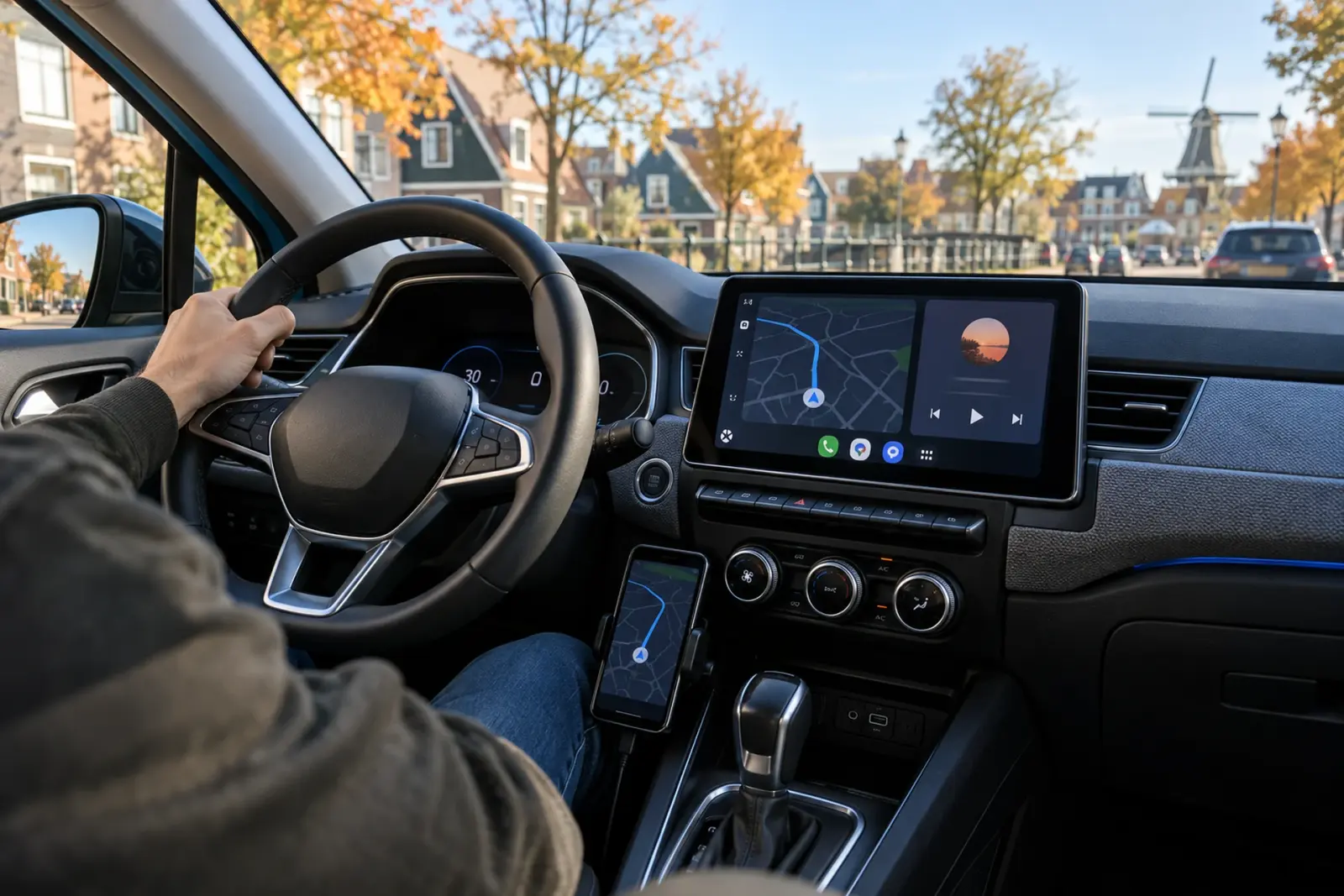 Android Auto bestellen in Zaanstad: Google Maps en muziek op het dashboardscherm, met Zaanse houten huizen en een molen op de achtergrond