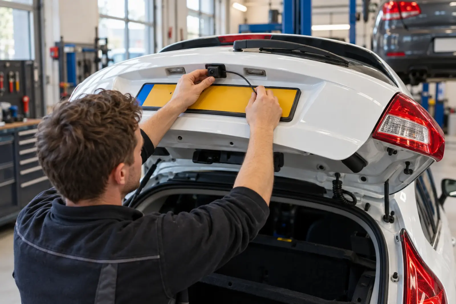 Monteur monteert een achteruitrijcamera boven de kentekenplaat van een witte hatchback tijdens de inbouw van een Android Auto-radio voor een klant uit Zaanstad