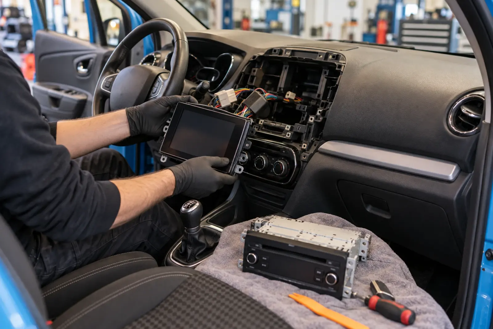 Android Auto radio inbouwen in Zaanstad: monteur houdt de nieuwe touchscreenradio voor het open dashboard, de oude radio ligt op de stoel