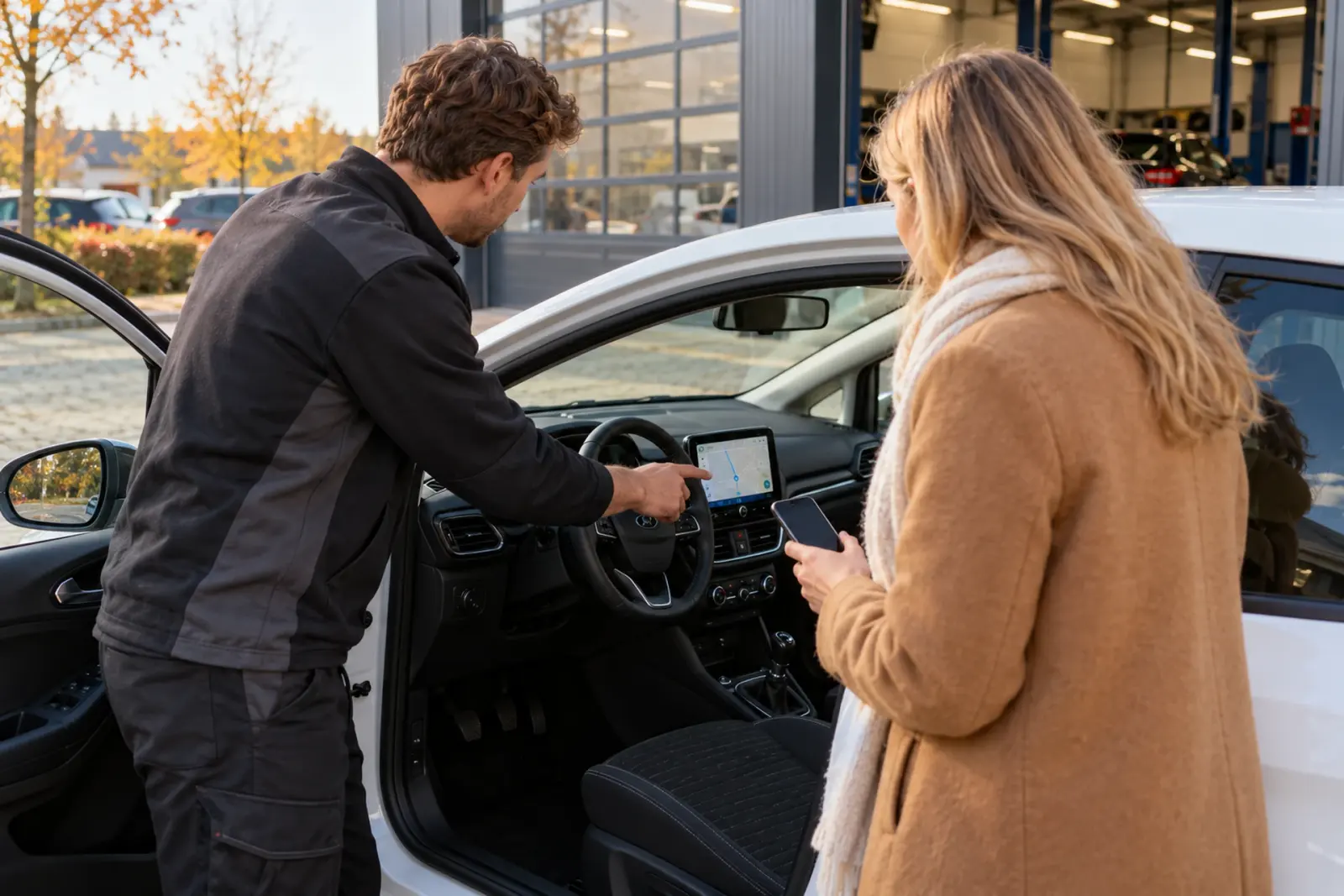 Monteur wijst een klant uit Zaanstad de navigatie op het nieuwe scherm van haar witte Ford bij de werkplaats
