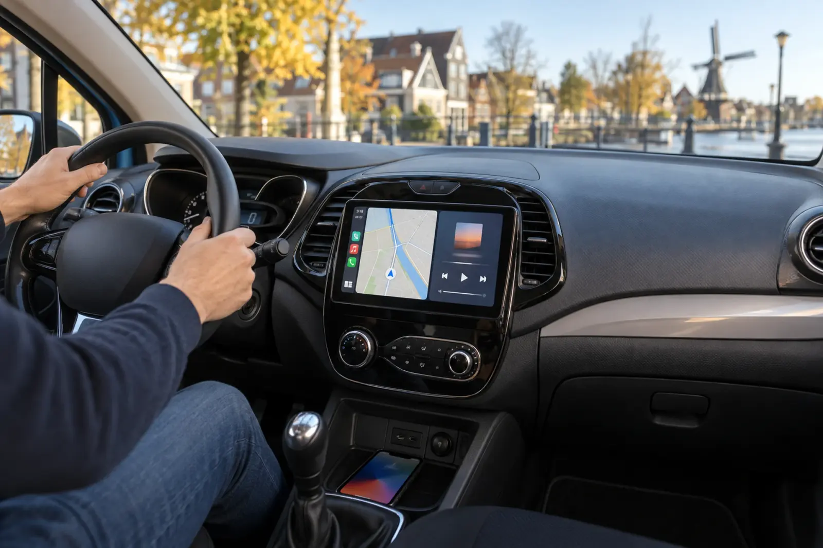 Resultaat van CarPlay bestellen in Zaanstad: navigatie en muziek op het dashboardscherm tijdens een rit langs de Zaan, met een molen op de achtergrond