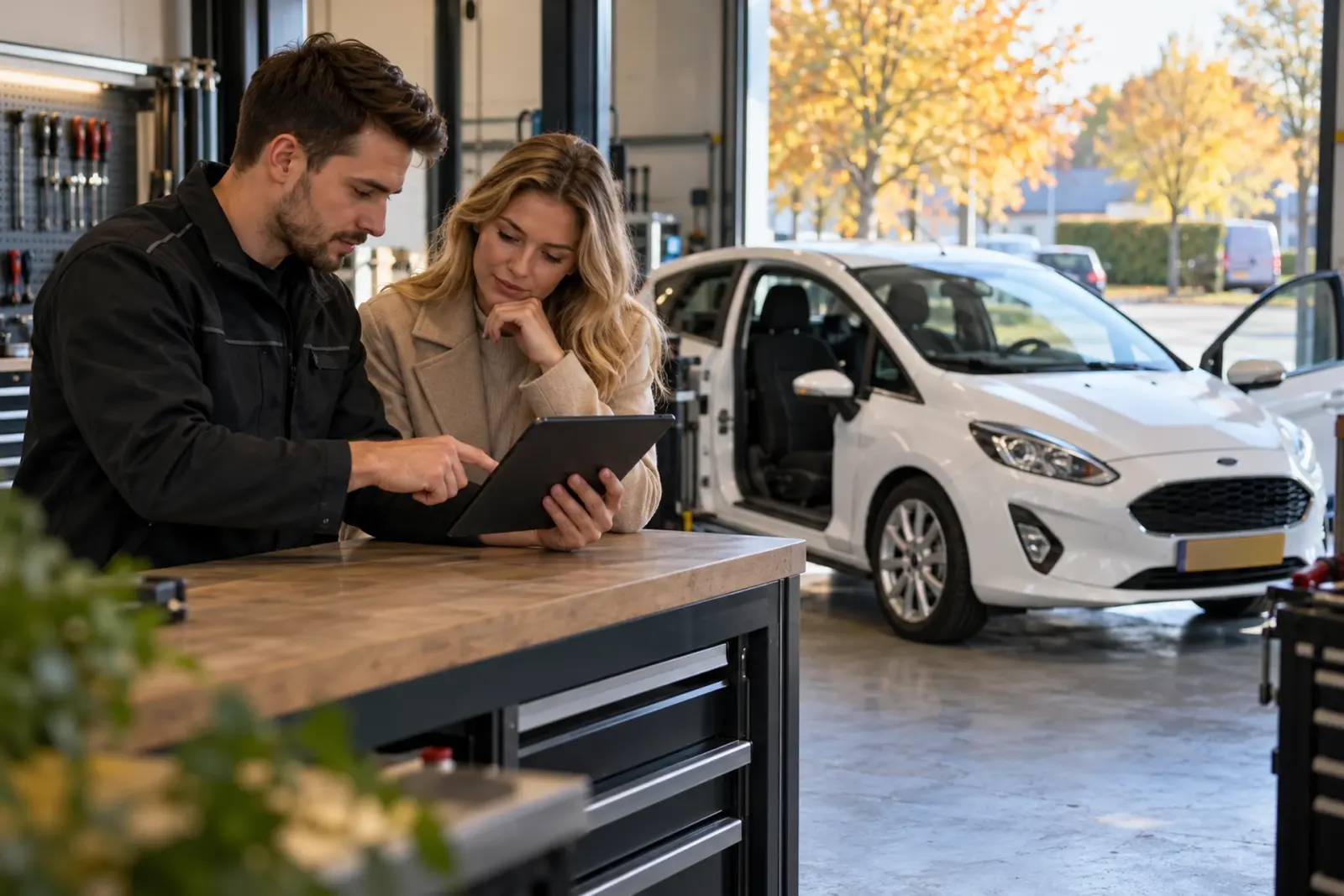Specialist bespreekt de CarPlay-offerte op een tablet met een klant uit Zaanstad, haar witte Ford staat in de werkplaats