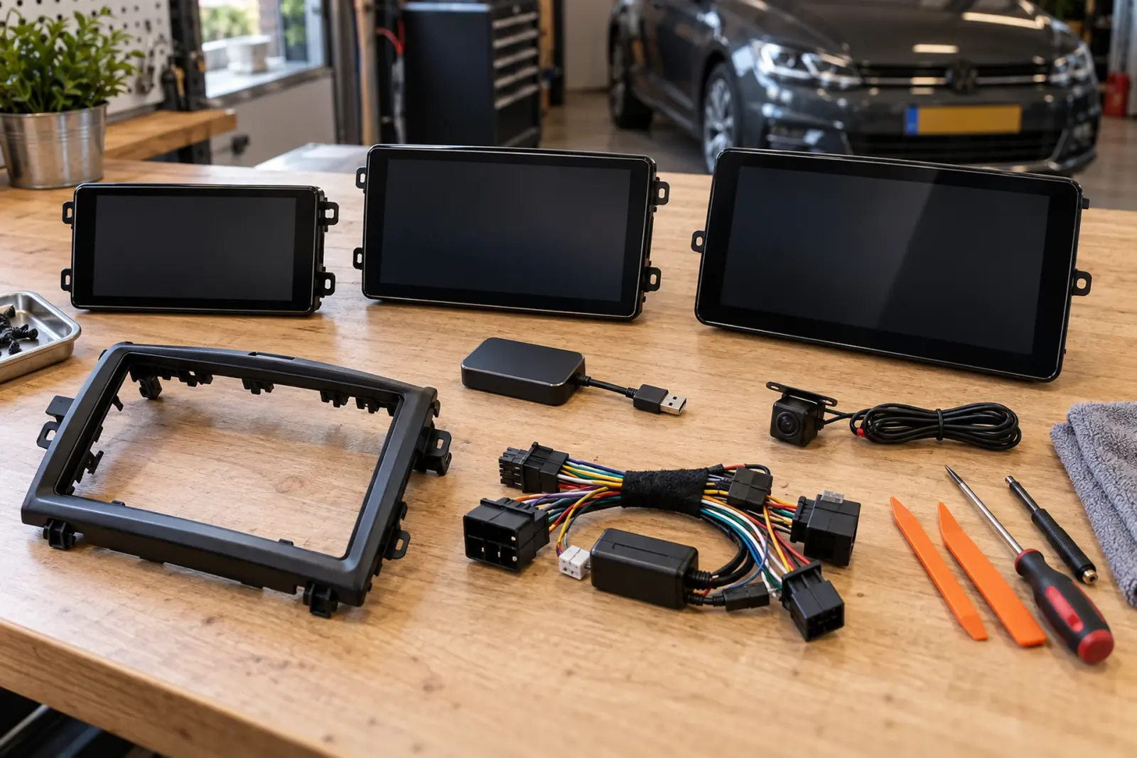 CarPlay prijzen in Zaanstad in beeld: drie schermen, inbouwframe, draadloze adapter, achteruitrijcamera en kabelboom op de werkbank van de inbouwpartner