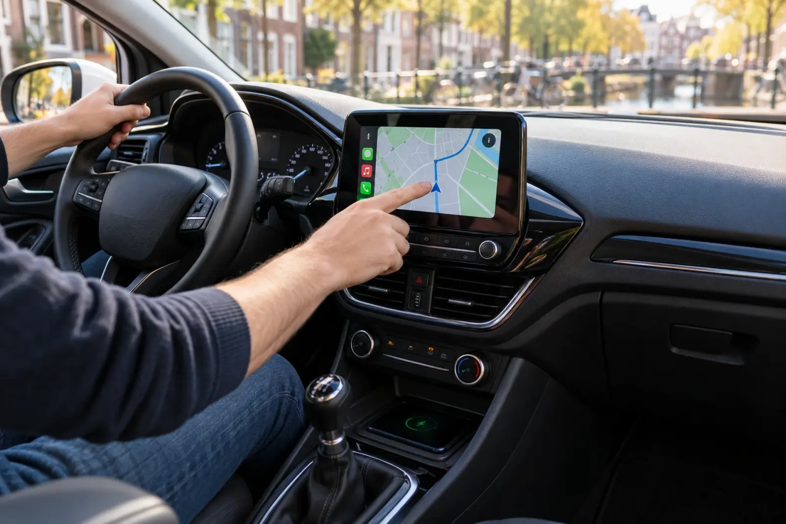 Bestuurder tikt een bestemming aan op het nieuwe CarPlay scherm van zijn Ford, geparkeerd langs het water in Zaanstad