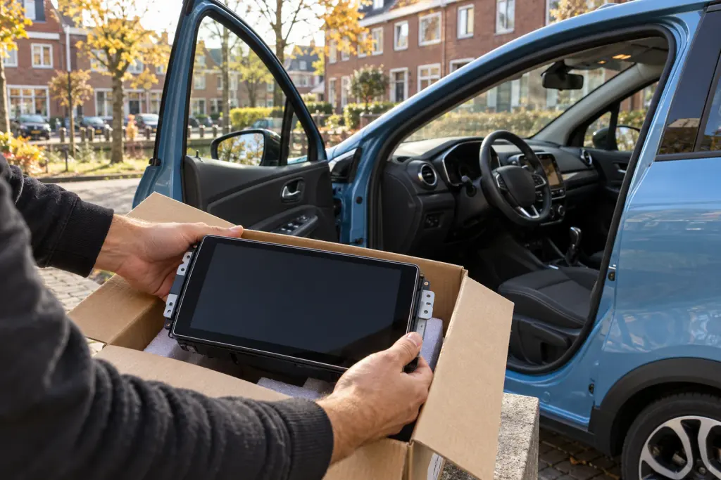Nieuw CarPlay-scherm wordt uitgepakt naast een blauwe compacte SUV in een woonstraat in Zaanstad