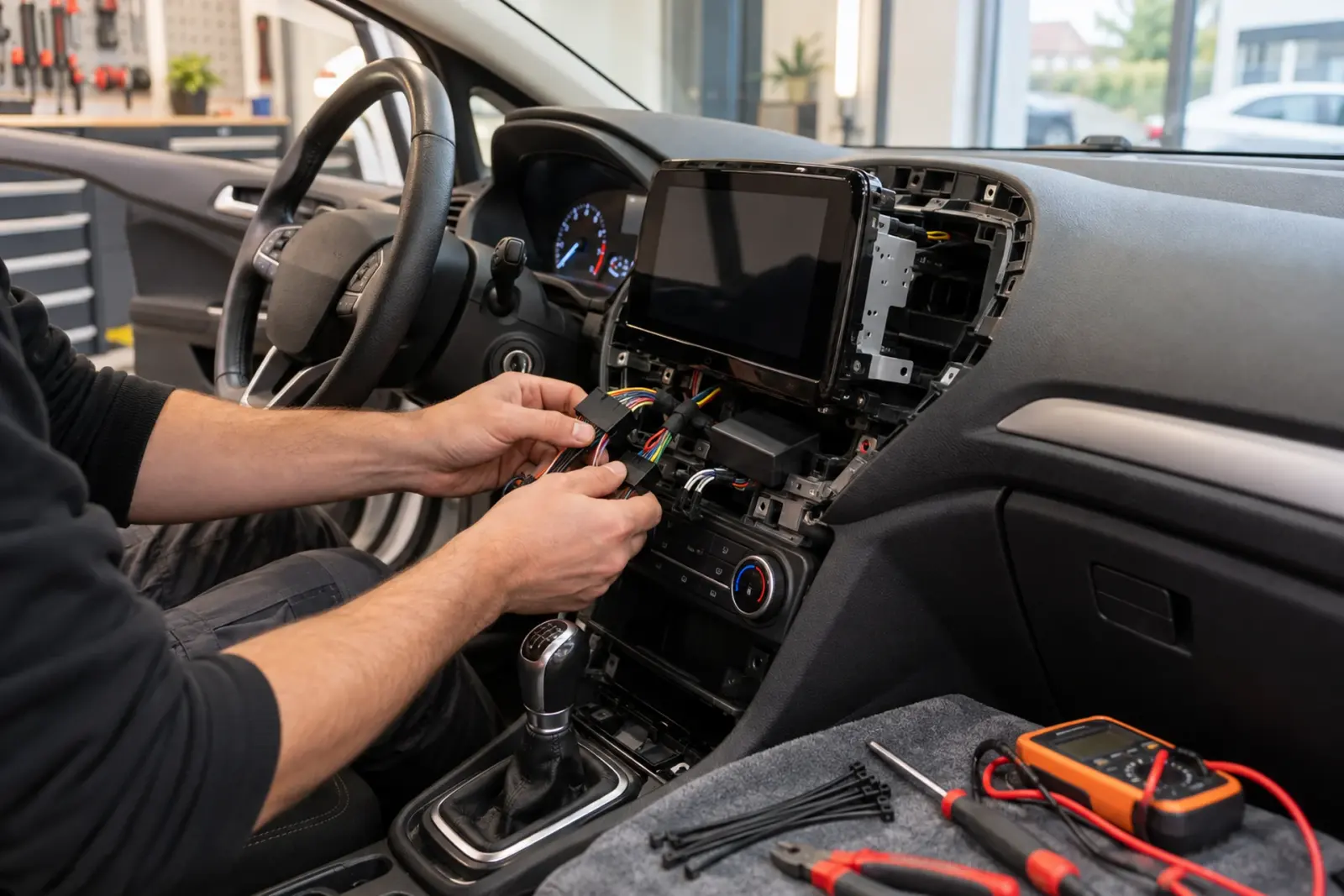 Monteur sluit de kabelboom en interface aan achter het nieuwe CarPlay-scherm van een auto uit Zaanstad, met multimeter op de console