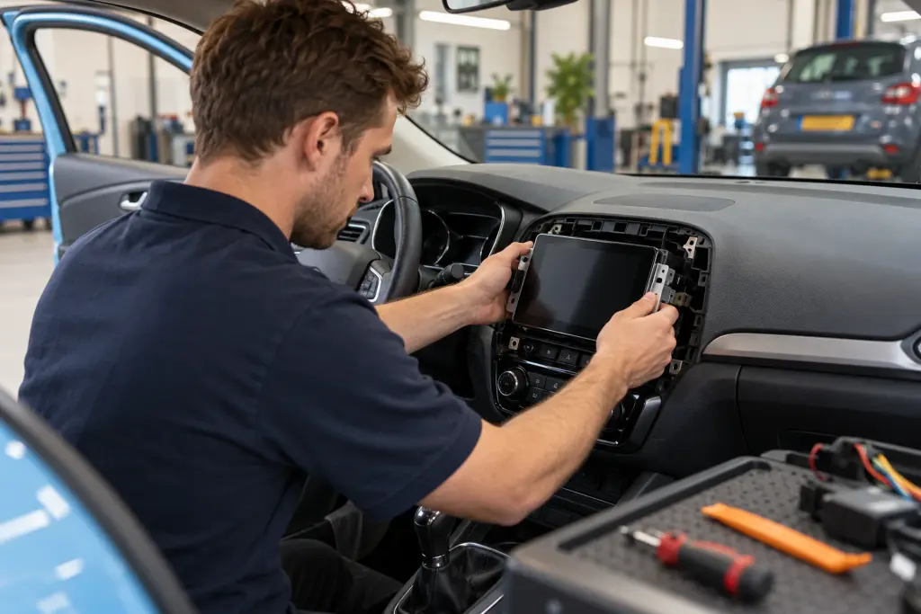 Monteur plaatst een CarPlay-scherm in de dashboardopening van een blauwe auto in de werkplaats van de inbouwpartner voor regio Zaanstad